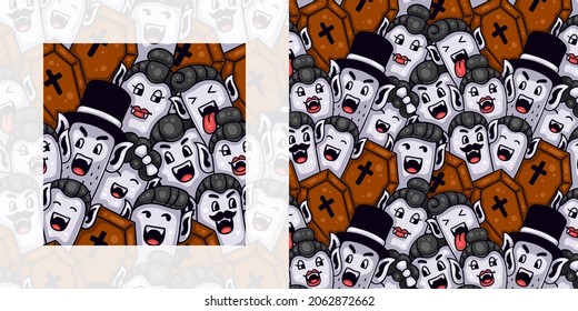 Halloween seamless doodle pattern of cute vampires and coffins | Pattern swatch included