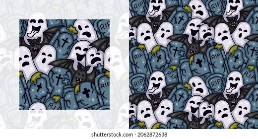 Halloween seamless doodle pattern of ghosts and bats in the cemetery | Pattern swatch included
