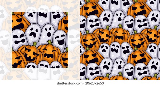 Halloween seamless doodle pattern of ghosts and Jack O' lantern  pumpkins | Pattern swatch included