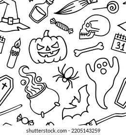 Halloween seamless doodle pattern. Hand-drawn carved pumpkin,skull, witch hat, potion, candies, lolipop, broom, ghost, calendar, coffin, cauldron, candle, spider, bone. Vector illustration