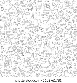 Halloween sem emenda padrão doodle com bruxas, gatos, abóboras e doces fundo. Papel digital bonito Jack-o-lanternas e Truque ou Treat e Lettering Acolhedor Spooky Flat Cartoon Vetor Ilustração