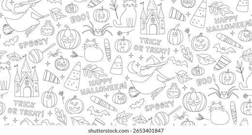 Halloween sem emenda padrão doodle com bruxas, gatos, abóboras e doces fundo. Papel digital bonito Jack-o-lanternas e Truque ou Treat e Lettering Acolhedor Spooky Flat Cartoon Vetor Ilustração