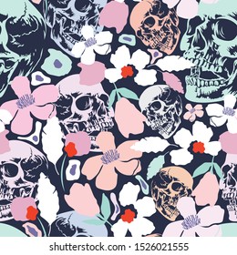 Halloween seamless floral pattern with skulls.Colorful vector holiday background.Textile texture