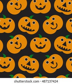 Halloween seamless funny patter with orange halloween pumpkins carved faces silhouettes. Can be used for scrapbook digital paper, textile print, page fill. Vector illustration. Cartoon style. 