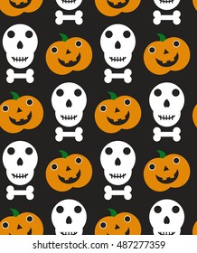 Halloween seamless funny patter with orange halloween pumpkins and skull carved faces silhouettes. Can be used for scrapbook digital paper, textile print, page fill. Vector illustration.