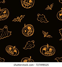 Halloween seamless funny pattern background with spooky pumpkin, bat, ghost. Crayon, chalk pastel or pencil hand drawn simply grunge horror dark black vector texture.