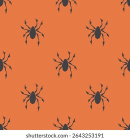 Halloween seamless geometric pattern with silhouette spiders. Vector hand drawn illustration. Tiny black arachnids on orange background. October fall holidays backdrop for packaging, print.