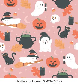 Ilustración vectorial de patrón de bruja fantasma de Halloween sin fisuras