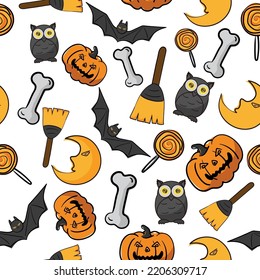 Halloween seamless hand drawn textile pattern on white background for wrapping, fabric, print and social media Pumpkin, broom, owl, moon, bone, lollipop, pat 
Animated video with same style available