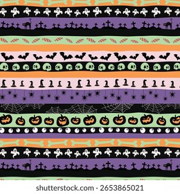 Halloween seamless horizontal striped pattern with ghosts, skulls, bats, spiderwebs, pumpkins, candy, and spooky elements in pastel and dark tones — festive holiday design for fabric or wrapping paper