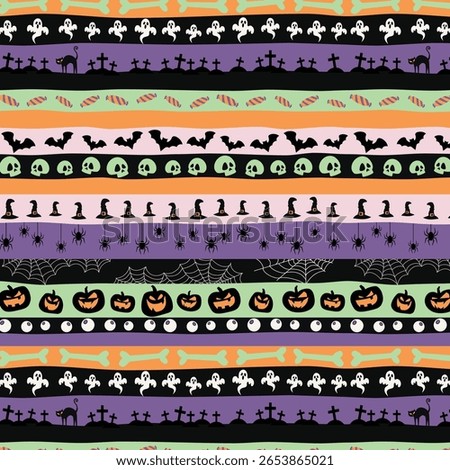 Halloween seamless horizontal striped pattern with ghosts, skulls, bats, spiderwebs, pumpkins, candy, and spooky elements in pastel and dark tones — festive holiday design for fabric or wrapping paper