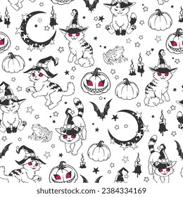 Halloween seamless illustration. Cute cats in hats and pumpkins