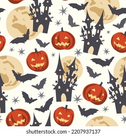 Halloween seamless kids pattern. Dark gloomy castle, fool moon, bats and pumpkins on white background. Vector illustration