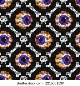 Halloween seamless knitted pattern with eyes, bones and skulls. Vector background. 