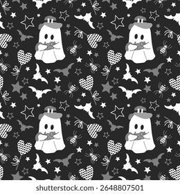 Halloween seamless line pattern with white black and grey ghost monsters