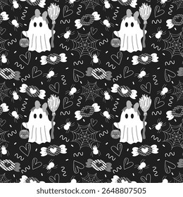 Halloween seamless line pattern with white black and grey ghost monsters