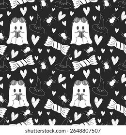 Halloween seamless line pattern with white black and grey ghost monsters
