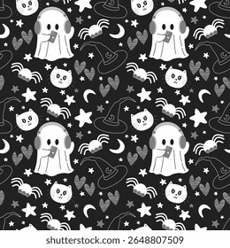 Halloween seamless line pattern with white black and grey ghost monsters