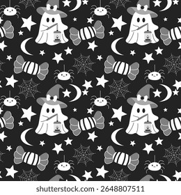 Halloween seamless line pattern with white black and grey ghost monsters