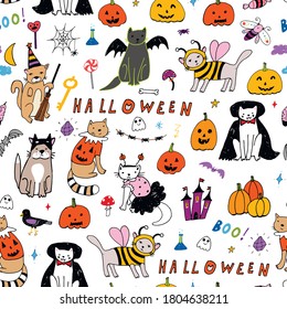 Halloween seamless line vector cartoon cats pattern