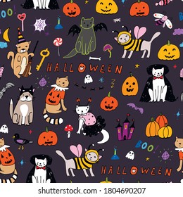 Halloween seamless line vector cartoon cats pattern