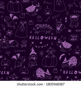 Halloween seamless line vector cartoon dogs pattern