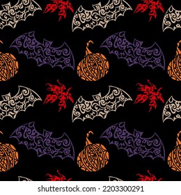 Halloween seamless modern pattern with pumpkins and maple leaves. Hand drawn background. 