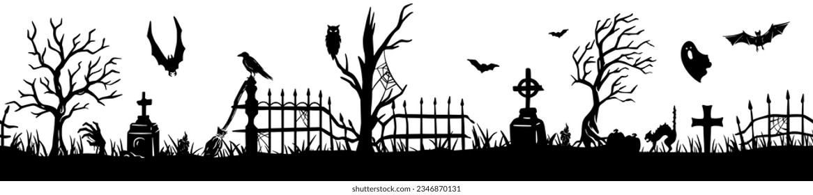 Halloween nahtloses Panorama mit Halloween-Silhouette der Apokalypse, Friedhofselemente auf Furcht-Urlaubshintergrund