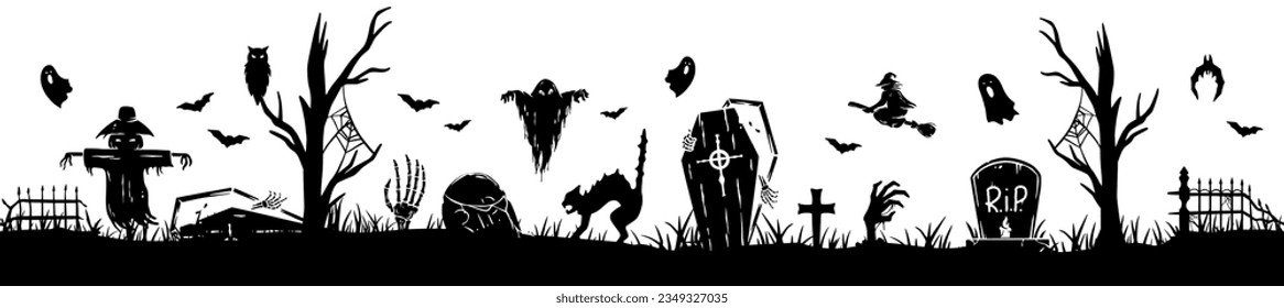 Halloween seamless panorama with halloween silhouette of apocalypse, cemetery elements for fear holiday background