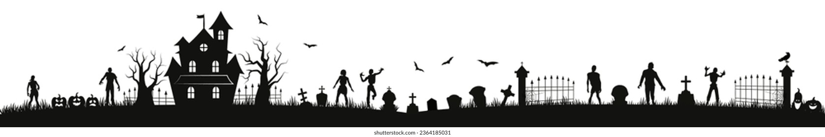 Halloween seamless panorama with halloween silhouette background