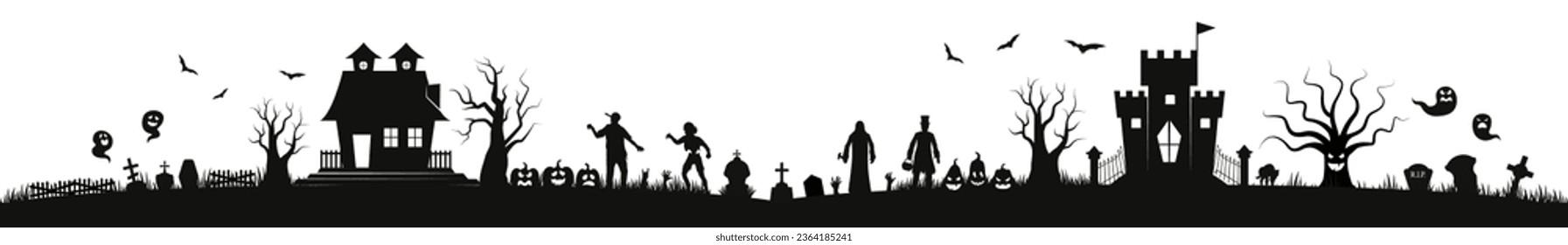 Halloween seamless panorama with halloween silhouette background
