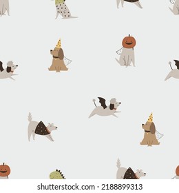 Halloween seamless paper with funny dogs in masquerade costumes. Holiday design for gift boxes, wrapping paper, fabric.
