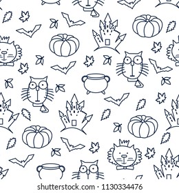 Halloween seamless patten with bats, cat and pumpkin, leaves. Line
