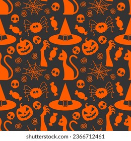 Halloween seamless patter with orange witch hat and spider on black background