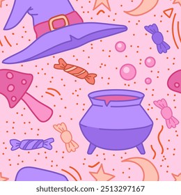 Halloween seamless patter. Witches boiler with potion, candy, witch hat, mushrooms and stars. Stock vector illustration in cartoon style with outline.