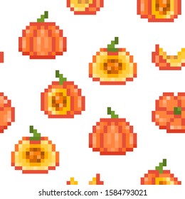 Halloween seamless pattern with 8 bit pixel art round orange pumpkins (uncut, cut in half, sliced) isolated on white background. Vegetable print for menu,fabric, product, cosmetics package design.