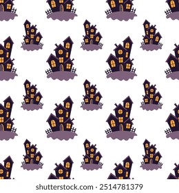 Halloween seamless pattern with abandoned scary house in the dark