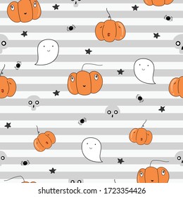 Halloween seamless pattern abstract background with cute cartoon character: orange pumpkins, black cat, ghost, skulls, star