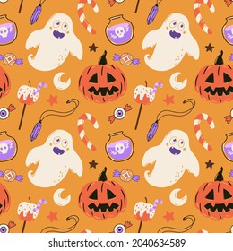 Halloween seamless pattern with adorable ghost, pumpkin, sweets and amethyst pendant. Cute spooky vector illustration. Trick or treat holiday background. Hand drawn endless texture.