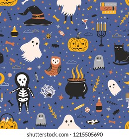 Halloween seamless pattern with adorable spooky holiday creatures and items on dark background - ghost, skeleton, Jack-o'-lantern, candies, black cat, witch hat, spider web. Vector illustration.