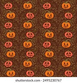 Halloween seamless pattern. All Hallows' Eve continuous background. Pumpkins repeat surface cover. Jack o lantern. Vector hand drawn illustration.