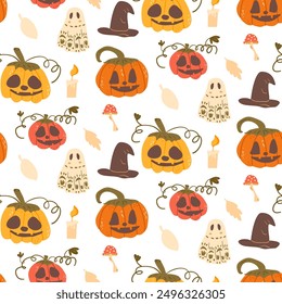 Halloween seamless pattern. All Hallows' Eve continuous background. Pumpkins, holiday ghosts, witch hats repeat surface cover. Vector hand drawn illustration.