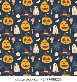 Halloween seamless pattern. All Hallows' Eve continuous background. Pumpkins, holiday ghosts, web and festive elements repeat surface. Jack o lantern, moon and fly agaric. Vector illustration.