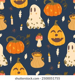 Halloween seamless pattern. All Hallows' Eve continuous background. Pumpkins, holiday ghosts, cauldron and festive elements repeat surface. Jack o lantern, moon and fly agaric. Vector illustration.