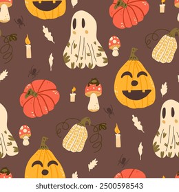 Halloween seamless pattern. All Hallows' Eve continuous background. Pumpkins, holiday ghosts, mushrooms repeat surface cover. Jack o lantern. Vector hand drawn illustration.