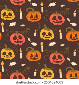 Halloween seamless pattern. All Hallows' Eve continuous background. Pumpkins repeat surface cover. Jack o lantern and candles and fall leaves. Vector hand drawn flat illustration.