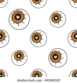 Halloween seamless pattern with all-seeing eyeball. Beautiful vector background for decoration halloween designs. Cute minimalistic art elements on white backdrop.