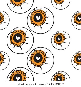 Halloween seamless pattern with all-seeing eyeball. Beautiful vector background for decoration halloween designs. Cute minimalistic art elements on white backdrop.