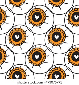 Halloween seamless pattern with all-seeing eyeball. Beautiful vector background for decoration halloween designs. Cute minimalistic art elements on white backdrop.