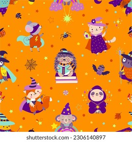 Halloween seamless pattern with animals in costumes. Autumn party fabric print, magiz animal and wizard. Fairy tale nowaday vector background